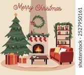 Cozy Christmas living room scene with a decorated tree, gifts, fireplace, stockings, and a wreath. A red couch and bookshelf add a festive touch, with Merry Christmas written above