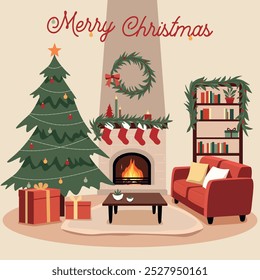 Cozy Christmas living room scene with a decorated tree, gifts, fireplace, stockings, and a wreath. A red couch and bookshelf add a festive touch, with Merry Christmas written above