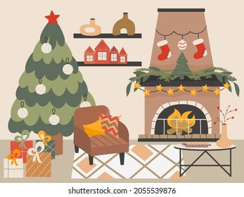 Cozy Christmas living room with Christmas tree, fireplace and Scandinavian style armchair. New Year decorations, garlands, socks and gifts in the room. Vector illustration in a flat style.