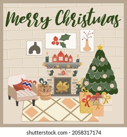 Cozy Christmas living room with Christmas tree, fireplace and Scandinavian style armchair postcard or poster with inscription. New Year's decorations, garlands, gifts.Vector illustration in flat style