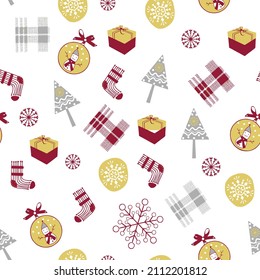 
Cozy Christmas mood. Flat cartoon style seamless pattern isolated on white background. Perfect for christmas decorations.Christmas pattern made from many Xmas trees