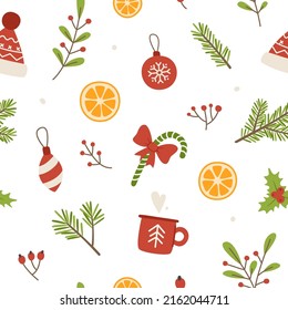 Cozy christmas pattern with plants and festive decor. Seamless vector decorative print for wrapping paper.
