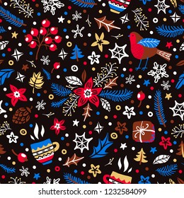 Cozy christmas pattern. Robins, cups of hot tea, cones and other cute items among snowflakes and confetti. For greeting cards, wrapping paper and more. Merry Christmas and Happy New Year!