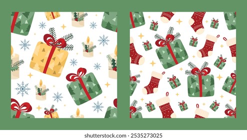 Cozy Christmas pattern set - gift boxes wrapped with tree-patterned paper, candles decorated, pine sprigs, colorful stockings, snowflakes and golden stars. Cute illustrations in Christmas spirit style