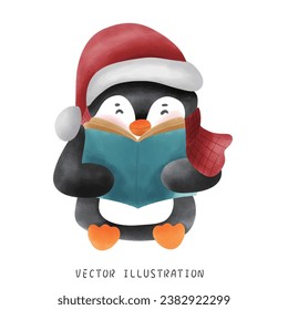 Cozy Christmas Penguin Reading a Book Watercolor Festive Illustration