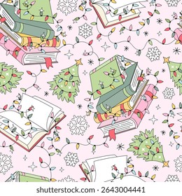 Cozy Christmas piles of Books, Xmas Trees, Festive Garlands vector Seamless Pattern in Retro Pastel style. Perfect for holiday wrapping paper, seasonal stationery, fabric prints, and cozy winter