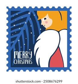 Cozy Christmas postage stamp angel and "Merry Christmas" lettering. Vector flat hand drawn illustration in cartoon style