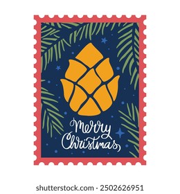 Cozy Christmas postage stamp with pine cone,  fir branches and "Merry Christmas" lettering. Vector flat hand drawn illustration in cartoon style