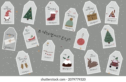 Cozy Christmas poster from New Collection. Christmas tags Scandinavian style. Vector EPS8