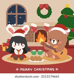 Cozy Christmas Scene with Bear and Bunny by the Fireplace. Kawaii Christmas Illustration. Bear Playing Guitar and Bunny Enjoying Cocoa. Adorable Holiday Artwork.