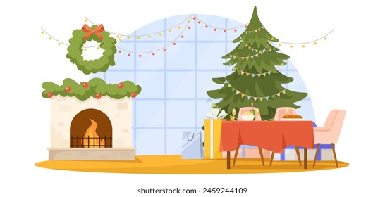 A cozy Christmas scene with a decorated tree, fireplace, gifts, and a festive dining setup against a large window backdrop, Vector illustration. Vector illustration