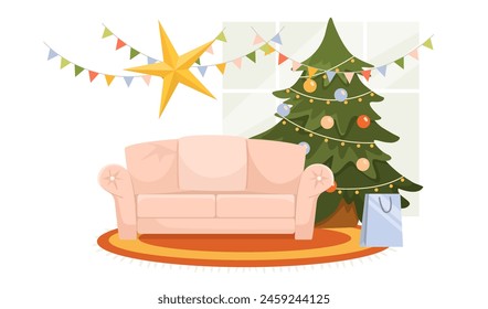 A cozy Christmas scene with a decorated tree, gifts, and a sofa, in a flat vector illustration style. Vector illustration