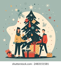 A cozy Christmas scene unfolds in this flat vector illustration. A couple, faces beaming with anticipation, kneel beside a brightly decorated Christmas tree. 