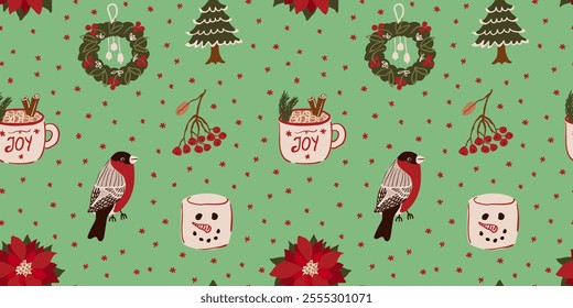 Cozy Christmas seamless pattern with bullfinch bird, rowanberries, tree, hot cholocate in a mug, holiday wreath, poinsettia flower and marshmallow snowman. Cute winter holiday season background.