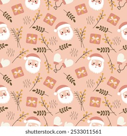 Cozy Christmas seamless pattern with a cute hand-drawn Santa Claus, Gift box, Christmas gloves, Festive holiday card design. Greeting cards, wallpapers, winter season decorations on a pink background