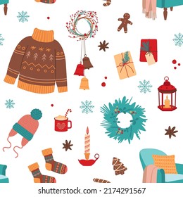 Cozy christmas seamless pattern. Delicious hygge winter holidays, candy drink and comfortable armchair. Warm wool sweater, merry santa time classy vector print