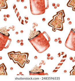 Cozy Christmas seamless pattern gingerbread cookies, red cacao mug and candy can