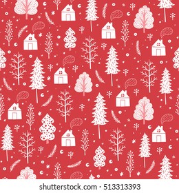 Cozy christmas seamless pattern made of winter trees, houses and snowflakes in vector. Seamless pattern can be used for wallpapers, pattern fills, web page backgrounds,surface textures.