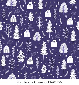 Cozy christmas seamless pattern made of winter trees, houses and snowflakes in vector. Seamless pattern can be used for wallpapers, pattern fills, web page backgrounds,surface textures.