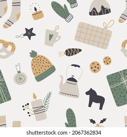 Gemütliche Weihnachten nahtlose Muster im skandinavischen Stil. Wintersaison Textur. Vektorhintergrund mit traditionellen Weihnachtsdekorationen.