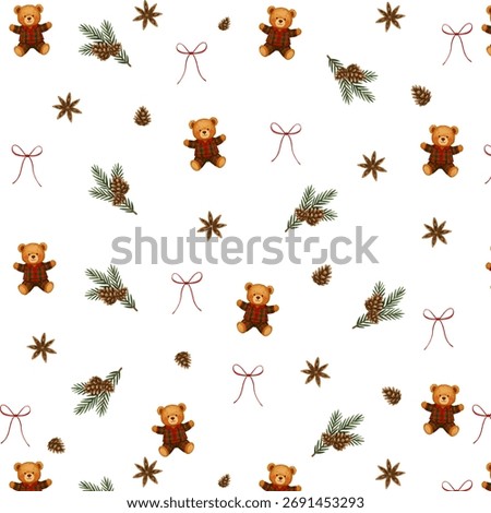Cozy Christmas seamless pattern with teddy bears in plaid pajamas, pine cones, spruce branches, and red bows on transparent background. Perfect for holiday wrapping paper and festive designs.