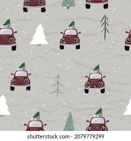 Cozy Christmas seamless texture from New Collection. Christmas car cartoon style. Vector EPS8