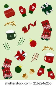 cozy Christmas set with cacao cup, gloves, socks, hat, ornament. festive pattern for fabric, scrapbooking, wrapping paper, stickers, greeting card.