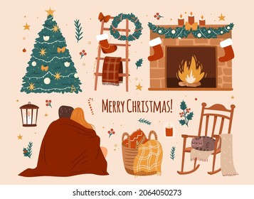 Cozy Christmas Set. Collection Of Holiday At Home Atmosphere Elements On Blank Background. Flat Vector Illustration