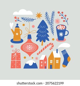 Acogedor set de Navidad. Conjunto de elementos gráficos de navidad.