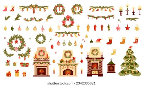Cozy Christmas set for home decor and Christmas tree for winter holidays. Illustration in a flat cartoon style.