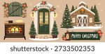 A cozy Christmas set of vector illustrations in a cozy natural palette - green, beige, brown colors. An entrance door with stained glass, a wooden farmhouse with a Christmas tree, a cast-iron fireplace with a burning fire, a hanging wooden sign decorated with poinsettia flowers and pine branches, a retro lantern, candle lighting. The warm atmosphere of winter holidays - Christmas scenes and compositions with decorations. Hand draw no ai. Suitable for posters, cards, stickers, ceramics and more.
Technical details
Format - EPS 10 (fully scalable and editable)
Style - vector illustration with a hand-drawn feel





