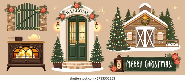 A cozy Christmas set of vector illustrations in a cozy natural palette - green, beige, brown colors. An entrance door with stained glass, a wooden farmhouse with a Christmas tree, a cast-iron fireplace with a burning fire, a hanging wooden sign decorated with poinsettia flowers and pine branches, a retro lantern, candle lighting. The warm atmosphere of winter holidays - Christmas scenes and compositions with decorations. Hand draw no ai. Suitable for posters, cards, stickers, ceramics and more.
Technical details
Format - EPS 10 (fully scalable and editable)
Style - vector illustration with a hand-drawn feel





