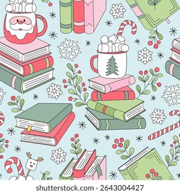 Cozy Christmas Stacks of Books and Festive Holiday Cups vector Seamless Pattern in Retro Pastel colours. Ideal for seasonal wrapping paper, winter stationery, fabric prints, and Xmas themed home decor