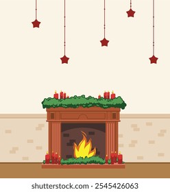 Cozy Christmas stone fireplace in cartoon style - bright vector illustration to create a festive mood. Warm fire, decorations and magical Christmas atmosphere in one image