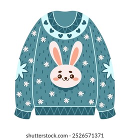 Cozy Christmas sweater with bunny face flat color vector object. Warm apparel for festive atmosphere illustration on white background