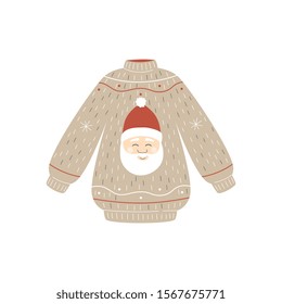 Cozy Christmas Sweater with happy Santa face - winter holiday celebration party jumper with cozy hand drawn texture, flat vector illustration isolated on white background