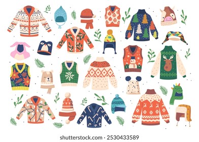 Cozy Christmas Sweaters With Festive Designs And Colorful Winter Hats. Cartoon Vector Set Perfect For Holiday Fashion