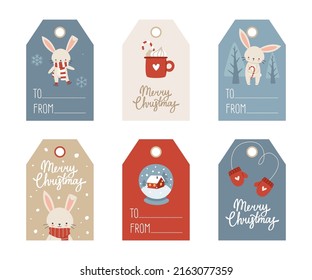 Cozy christmas tags set with bunny. Vector collection of new year label design with hares.