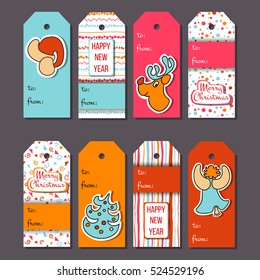 Cozy Christmas tags set. Christmas labels or decoration. Xmas icons with santa red hat, funny deer, christmas tree, angel with stripes and spots. For greeting letter, wish card, invitation, postcard