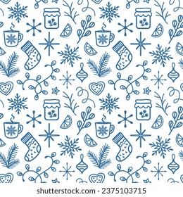 Cozy Christmas vector seamless pattern with fir branches, garland, socks, hot drink, decorations Line drawing style, wallpaper design, textile and wrapping paper print.