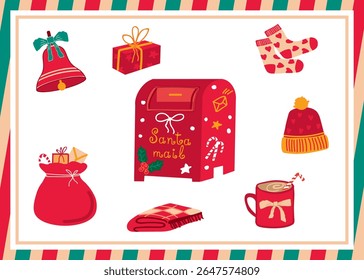 Cozy Christmas vector set with Santa mailbox, presents, hot drink, knitted hat and socks, perfect for holiday cards, packaging, seasonal prints and decor