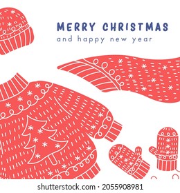 Cozy Christmas warm clothes Christmas card. Knitted sweater, gat and mittens festive illustration. New year cute handmade clothing.