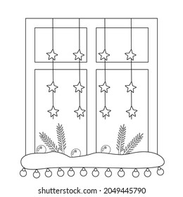 Cozy Christmas window decorated coloring book for kids. Garland and branches of spruce. Vector Christmas linear illustration