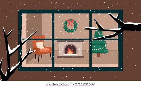 Gemütliche Weihnachtsfenster Blick auf eine verschneiten Nacht. Winterhaus außen. Fenster von außen. Kamin. Neues Jahr.