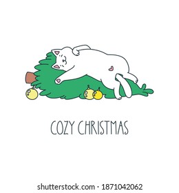 Cozy Christmas. Winter greeting card. Illustration of a funny cat sleeping on a Christmas tree isolated on a white background. Vector 10 EPS.