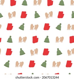 Cozy Christmas winter seamless pattern warm hat, mittens and scarf. For printing, fabric, background