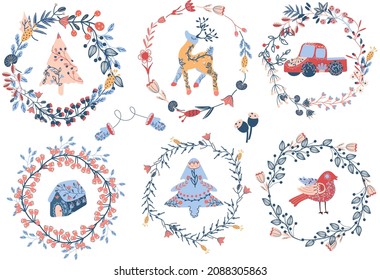 Cozy Christmas wreath of flowers and leaves. Folk bird, truck, Houses, Christmas Tree. Christmas card in Scandinavian style. Winter decoration. Vector illustration.