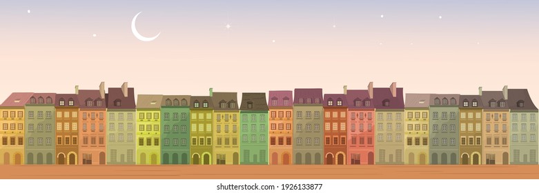 Cozy city, cozy cute hand drawn town. Postcard with houses. Vector modern flat illustration in hand drawn style. European city. Skyscrapers