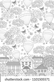 cozy city with hot air balloons in the sky for your coloring book