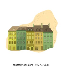 Cozy city houses, cozy cute hand drawn town. Postcard with houses. Vector modern flat illustration in hand drawn style. European city.